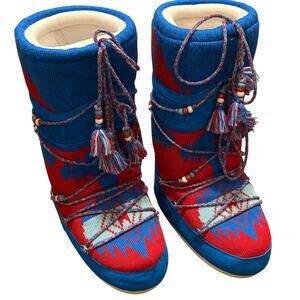 NEW ALANUI X MOON BOOT Icon Knit Jacquard Red Azure Wool Boots Size 35-38
